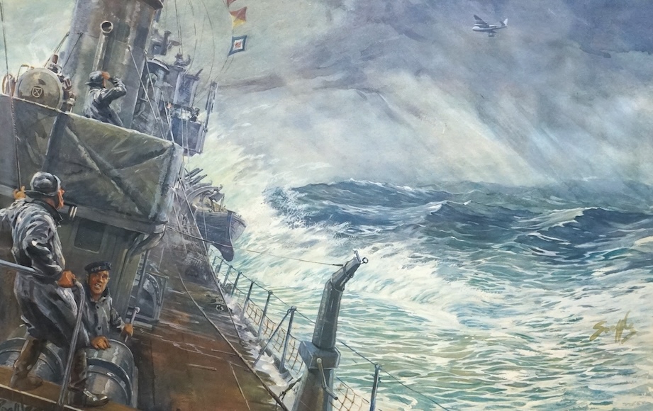 Snaffles’, Charles Johnson Payne (1884-1967), original print, ‘West of Gib and North Across the Bay, Blimey! What a Life!’, WWII Destroyer in heavy sea, crewman looking at flying boat overhead, 49 x 73cm
